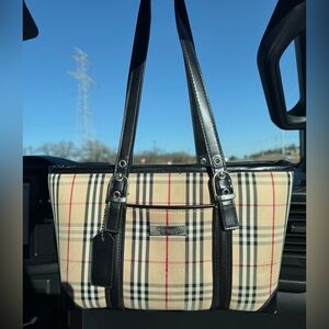 Burberry of London Vintage Nova Check Beige Black canvas Plaid Tote bag purse
